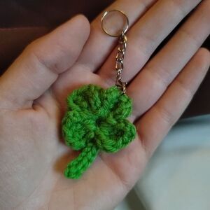 Handmade Green Crochet Four-Leaf Clover Keychain Silver